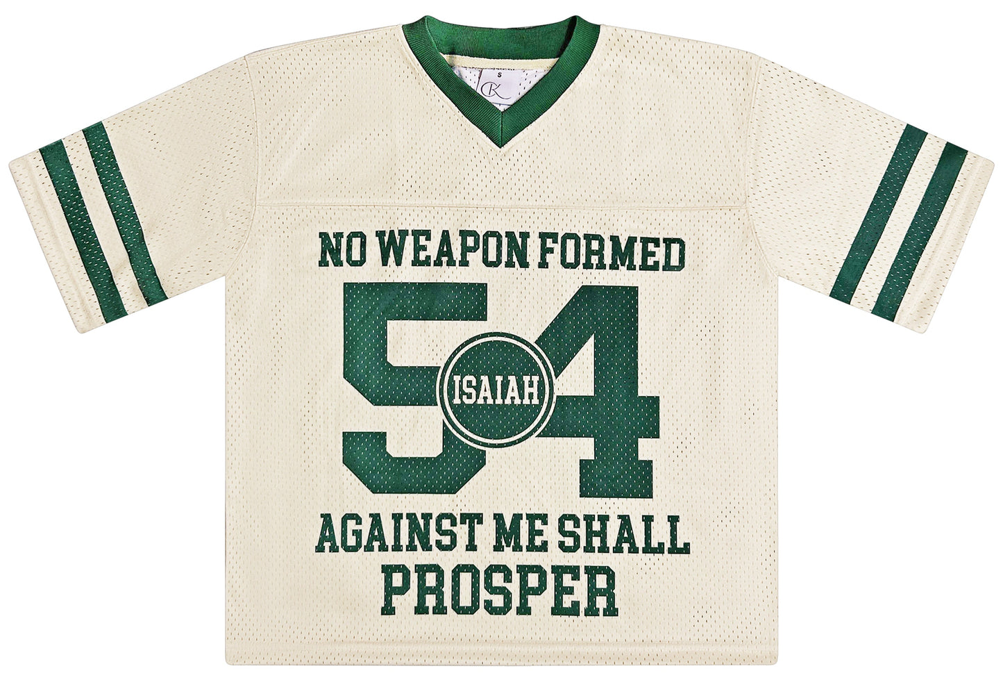 Beige sports jersey with green text and stripes on a white background