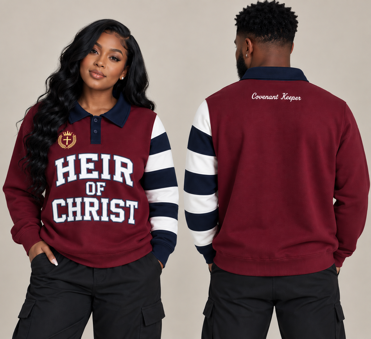 A man and a woman modeling a long-sleeve collared sweatshirt/polo-style top. The front view shows a woman wearing a burgundy top with navy and white striped sleeves and large white 'HEIR OF CHRIST' lettering on the chest, plus a small crest emblem.