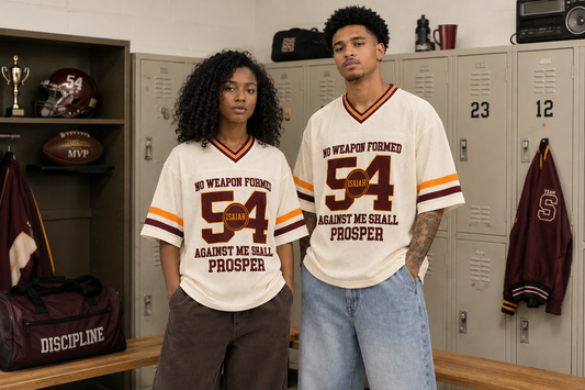 Two people wearing matching jerseys in a locker room setting.