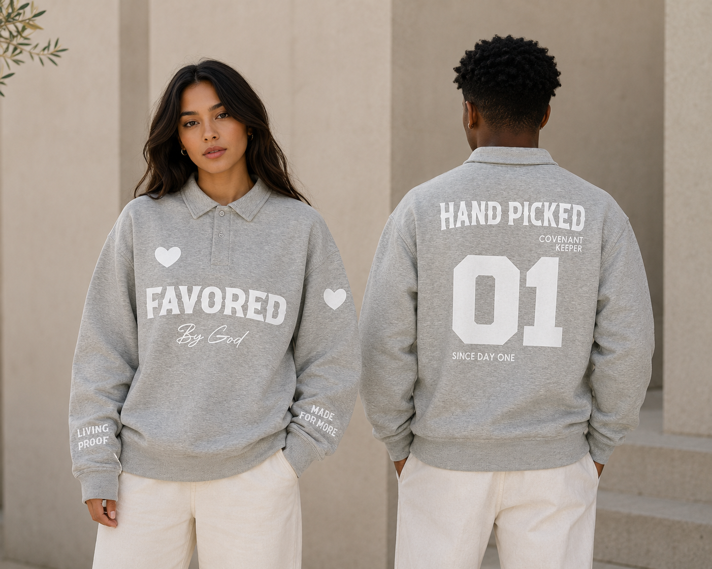 Two people wearing gray sweatshirts with text on a beige background