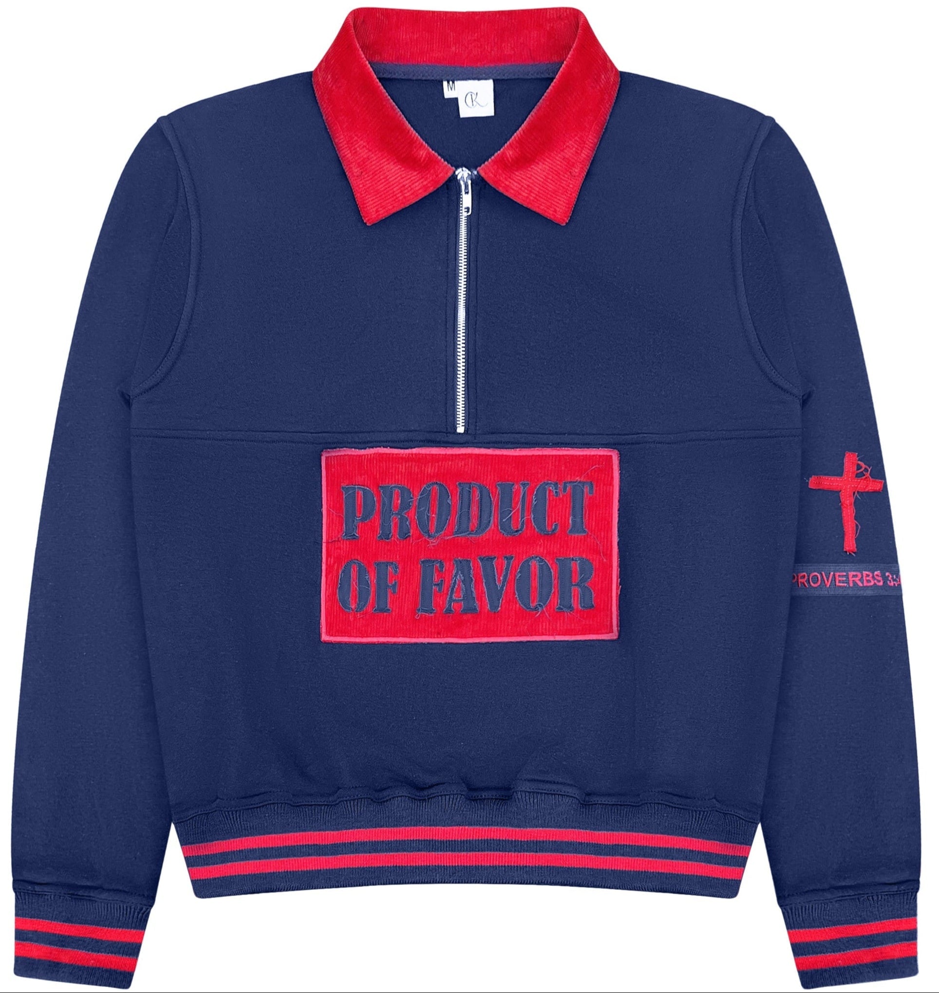 Navy blue jacket with red accents and 'Product of Favor' text on a white background